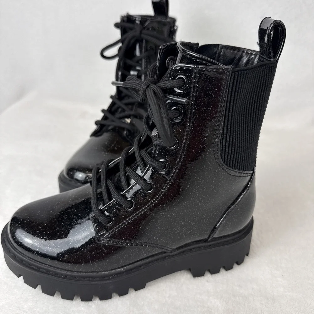Art Class Black Sparkle Glitter Combat Boots Lace Up Zipper Childs Size 13 NWOB